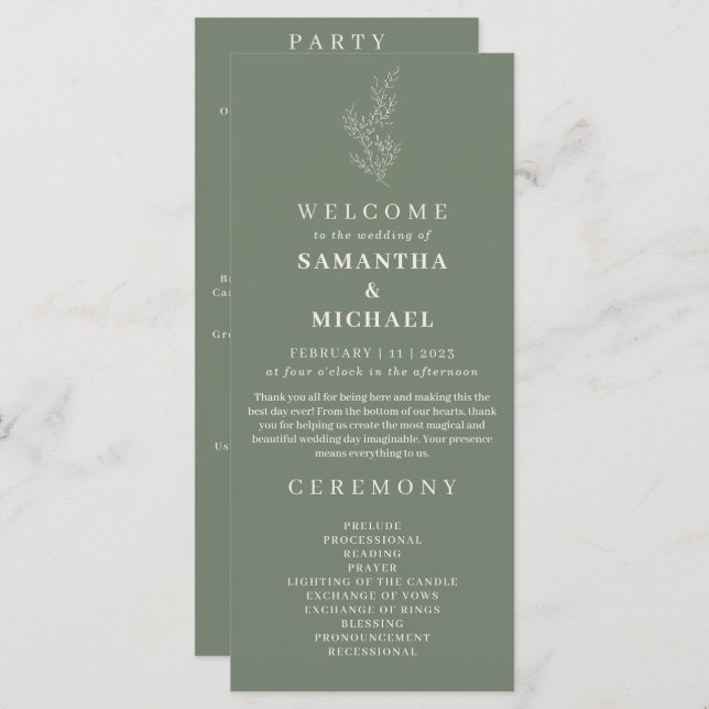 Sage Green Flower Ivy Wedding Program Menu (Front/Back)