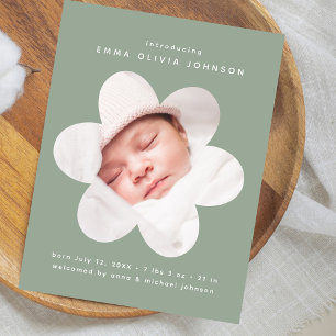 Sage Green Flower Scalloped Photo Birth Announceme Postcard