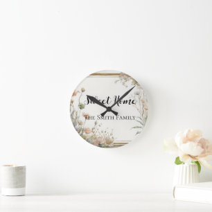 sage green flower - text personalised round clock