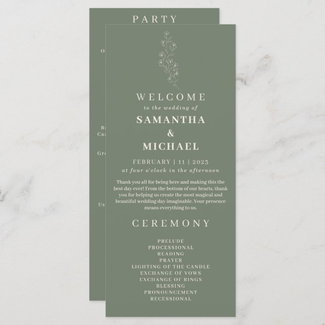 Sage Green Flower Tiny Floral Wedding Program Menu (Front/Back)