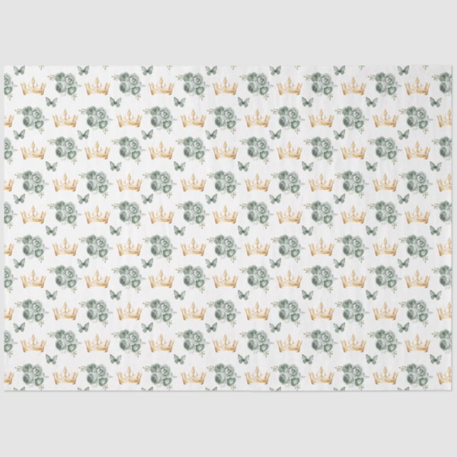 Sage Green Flowers and Gold Crowns Tissue Paper (Front)