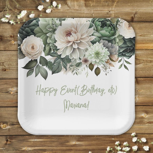 Sage Green Flowers Floral Party Paper Plate (Creator Uploaded)