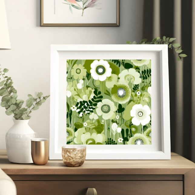 Sage Green Flowers  Poster (A sage green floral print shown in a white frame)