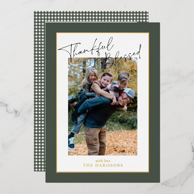 Sage Green foil gingham Thanksgiving family photo  (Front/Back)