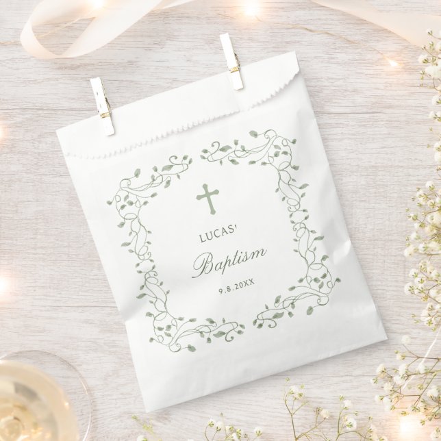 Sage Green Foliage Frame Baptism Favour Bags (Clipped)