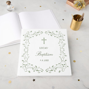 Sage Green Foliage Frame Baptism Guest Book