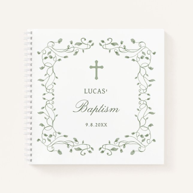Sage Green Foliage Frame Baptism Guest Book (Front)