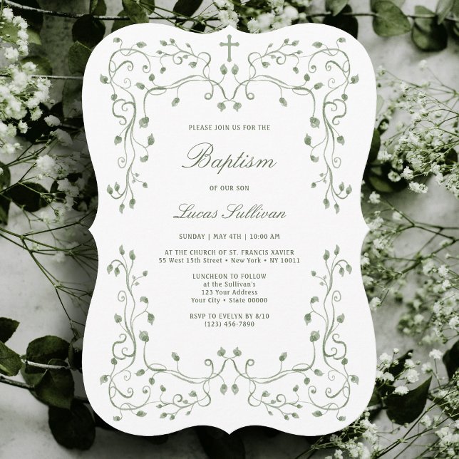 Sage Green Foliage Frame Baptism Invitation (Creator Uploaded)