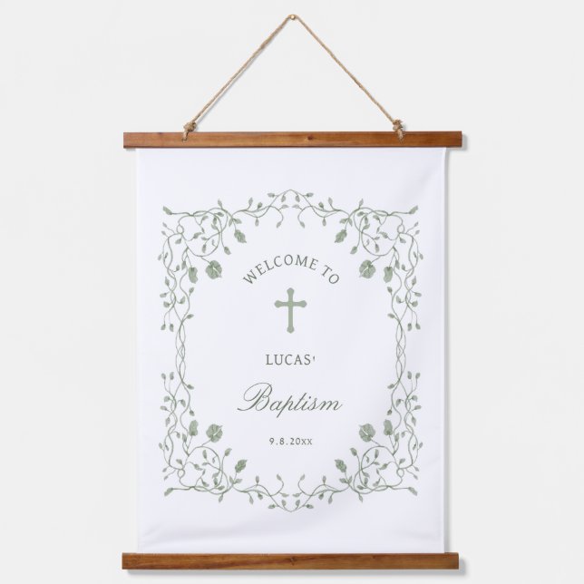 Sage Green Foliage Frame Baptism Welcome Hanging Tapestry (Front)