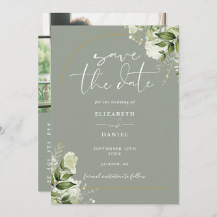 Sage Green Foliage Gold Arch Photo QR Code Wedding Save The Date