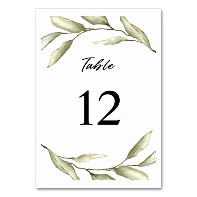 Sage Green Foliage Script Table Number Card (Front)