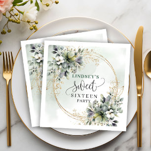 Sage Green Foliage Sweet Sixteen Party Napkins
