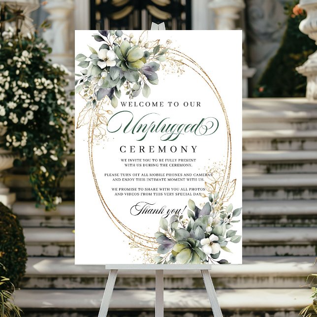 Sage Green Foliage Unplugged Ceremony Wedding Sign (Sage Green Foliage Unplugged Ceremony Wedding Poster)