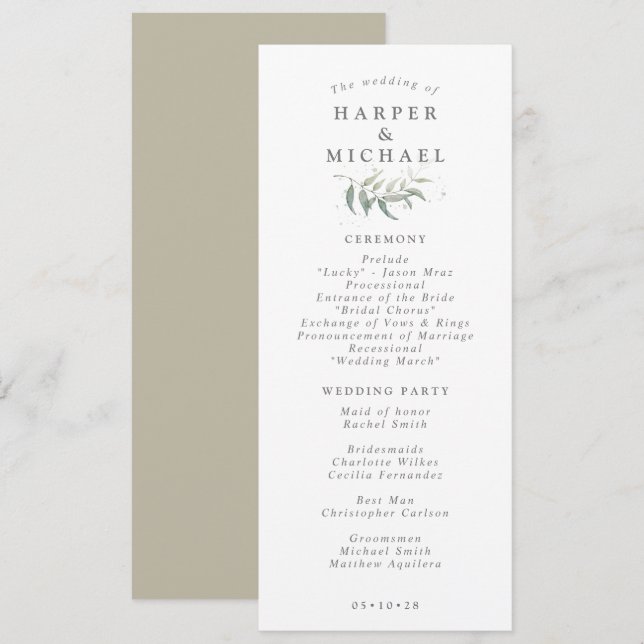 Sage green foliage wedding program programme (Front/Back)