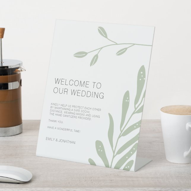 Sage Green Foliage Welcome to Wedding Covid safety Pedestal Sign (In SItu)