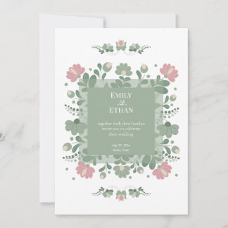 Sage Green Folk Wildflower Wedding Invitation