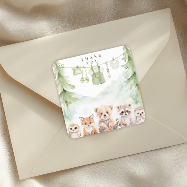 Sage Green Forest Baby Shower Favor Thank You Square Sticker (Creator Uploaded)