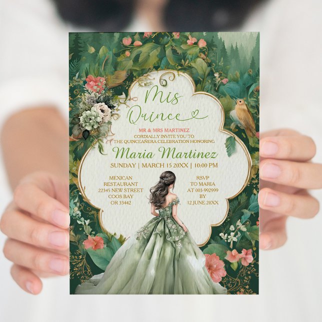 Sage Green Forest Dress Floral Princess Mis Quince Invitation (Creator Uploaded)