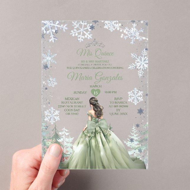 Sage Green Forest Winter Princess Mis Quince Acrylic Invitations (Insitu (Handheld))