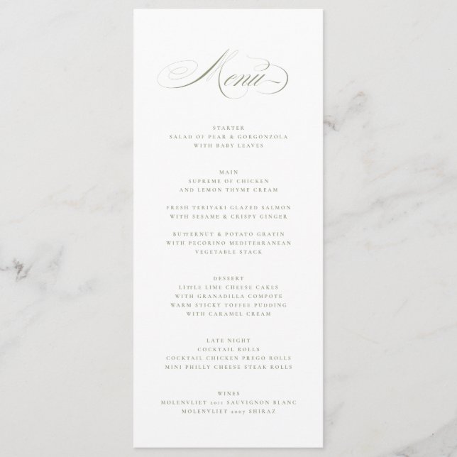 Sage Green Formal Elegant Calligraphy Wedding Menu (Front)
