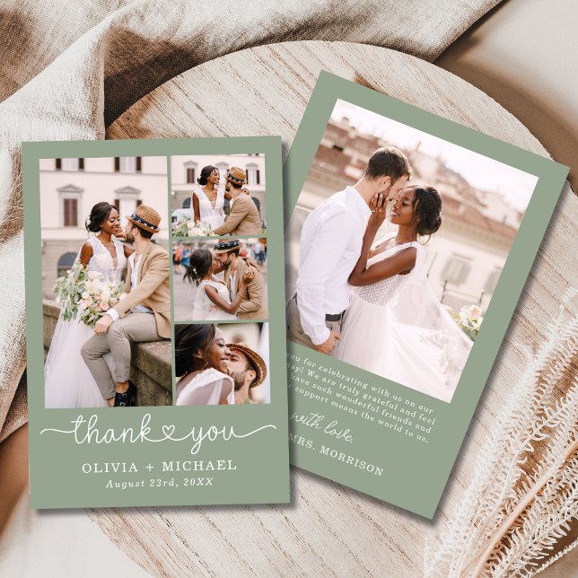 Sage Green Four Photo Collage Script Wedding Thank You Card (Creator Uploaded)