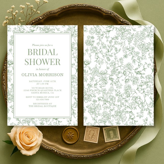 Sage Green French Chinoiserie Floral Bridal Shower Invitation (Creator Uploaded)