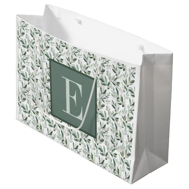 Sage Green French Country Olive Monogram Large Gift Bag (Front Angled)