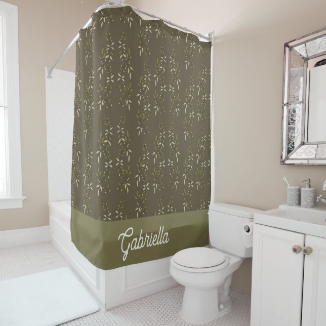 Sage Green French Country Olive Pattern Name Shower Curtain (In Situ)