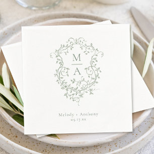 Sage Green French Floral Crest Classic Wedding  Napkin