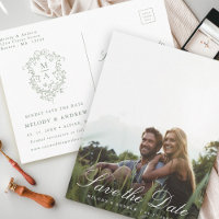 Sage Green French Floral Crest Photo Save the Date