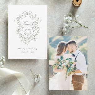Sage Green French Floral Crest Wedding Photo Thank You Card