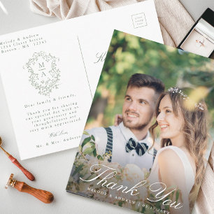 Sage Green French Floral Crest Wedding Thank You  Postcard