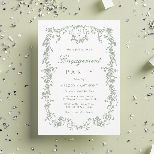 Sage Green French Floral Engagement Party Invitation (Creator Uploaded)