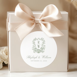 Sage Green French Floral Monogram Crest Classic Round Sticker