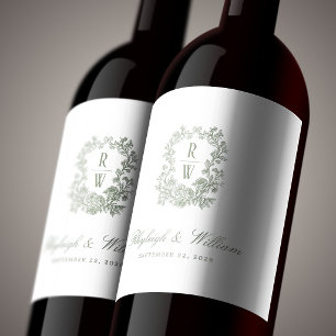 Sage Green French Floral Monogram Crest Wine Label