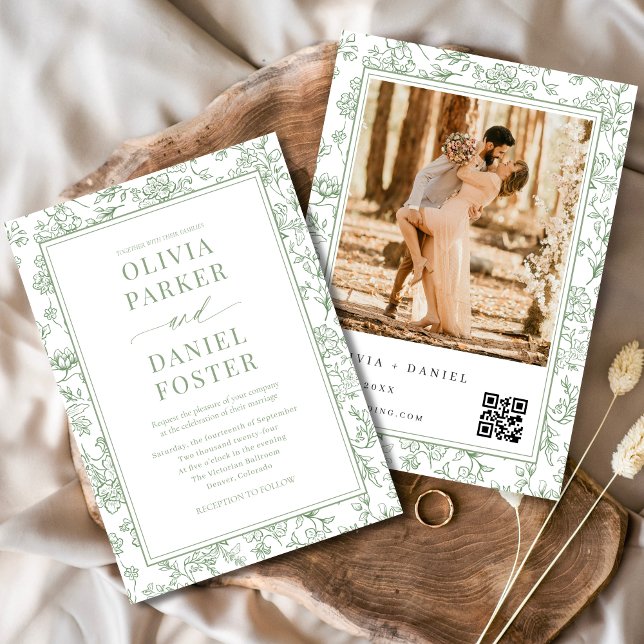 Sage Green French Floral Photo QR Code  Invitation (Creator Uploaded)