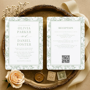 Sage Green French QR Code Floral Wedding Invitation