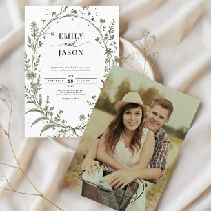 Sage Green French Roses Botanical Photo Wedding Invitation