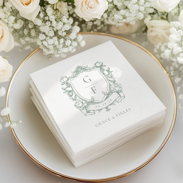 Sage Green French Roses Monogram Crest Wedding Napkin (Creator Uploaded)