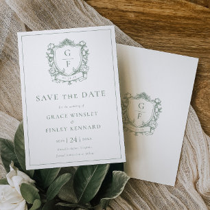 Sage Green French Roses Monogram Crest Wedding Save The Date