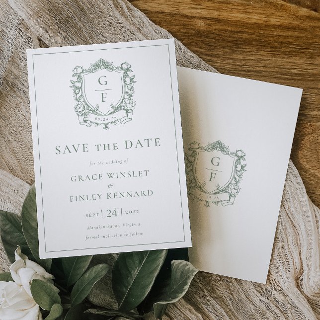 Sage Green French Roses Monogram Crest Wedding Save The Date (Creator Uploaded)