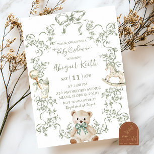 Sage Green French Toile Baby Shower Boy Invitation
