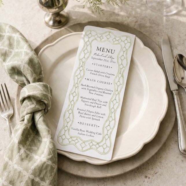 Sage Green French Trellis Wedding Dinner Menu (Sage Green French Trellis Wedding Dinner Menu)