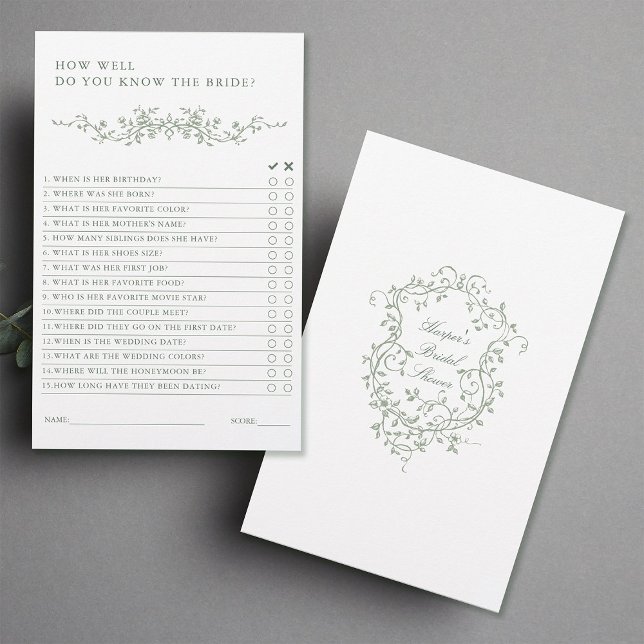 Sage Green French Victorian Bridal Shower Game  (Front & Back)