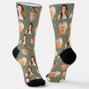 Sage Green Funny Custom Mum of 3 Kids Photo Socks