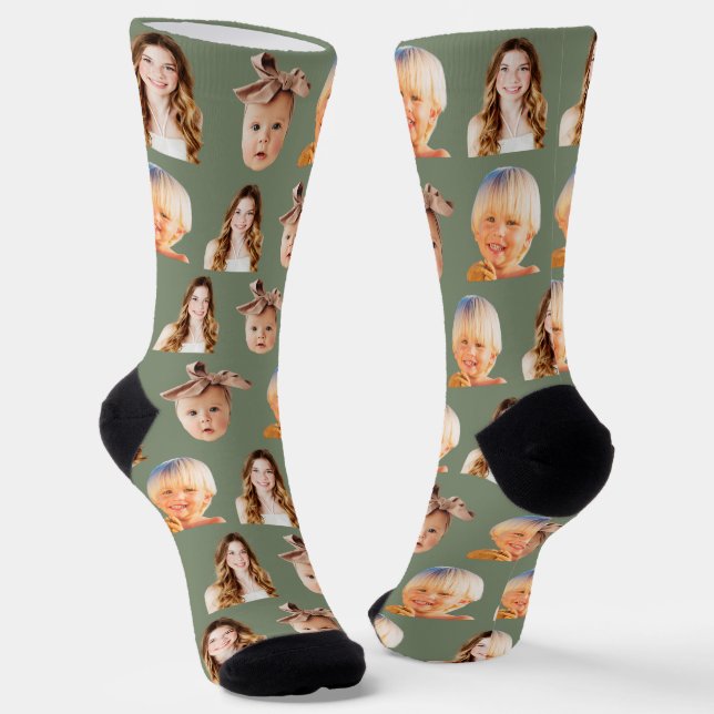 Sage Green Funny Custom Mum of 3 Kids Photo Socks (Angled)