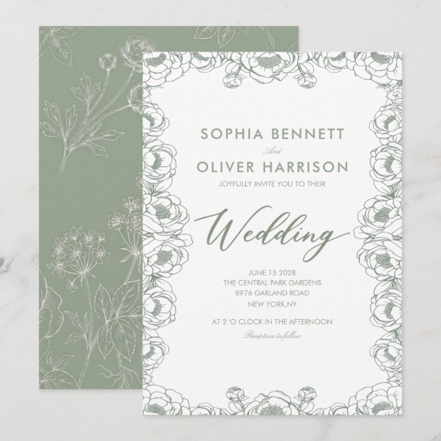sage green garden elegant simple wedding invite (Front/Back)