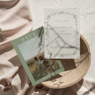 Sage Green Garden Floral Old Money Photo Wedding Save The Date