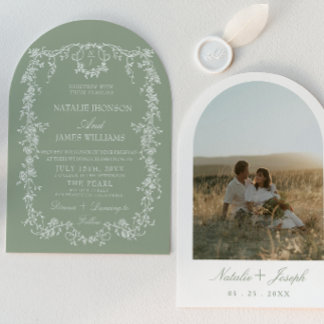 Sage Green Garden Woodland Monogram Arched Wedding Invitation