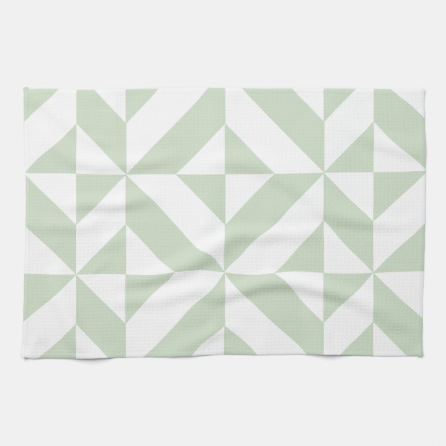 Sage Green Geometric Deco Cube Pattern Tea Towel (Horizontal)
